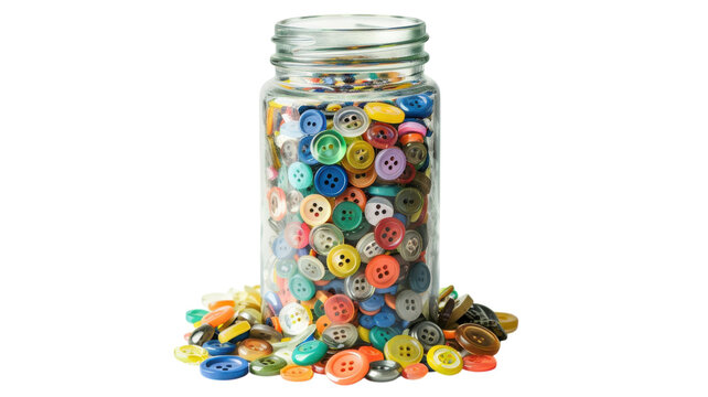 Colorful collection of assorted buttons in a glass jar with a vibrant backdrop showcasing creativity in crafts