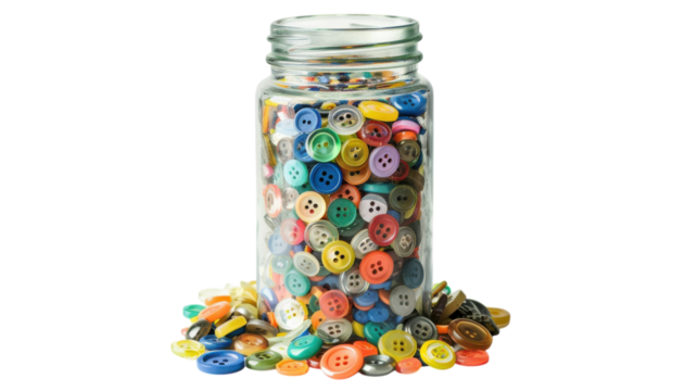 Colorful collection of assorted buttons in a glass jar with a vibrant backdrop showcasing creativity in crafts