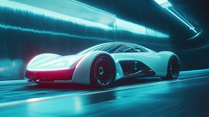 Naklejka premium Futuristic Sports Car Speeds Through Neon Tunnel