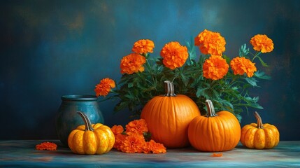 Orange pumpkins and vibrant marigolds displayed on a table, set against a gradient blue shadowed backdrop.