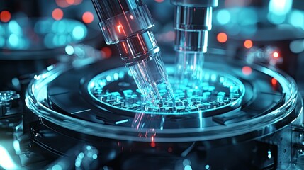 Futuristic robotic arms precisely assembling microcircuitry