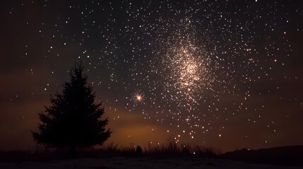 Naklejka premium 8. A serene night sky filled with stars and fireworks, with a silhouette of a Christmas tree in the foreground