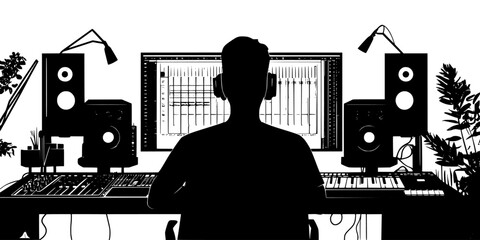 Engineer mixing tracks on a digital audio workstation at home, Vectorized Art