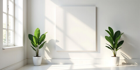 Bright and minimalistic indoor space featuring plants and a blank canvas on the wall