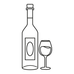Isolated black and white of a wine bottle and glass on a white background