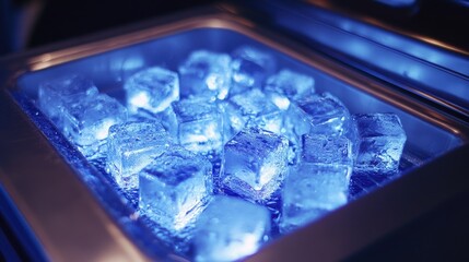 Pristine ice cubes glowing softly under blue LED lighting inside the tray of a compact home ice maker.