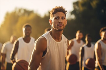 Basketball player leading his team during training outdoors on a sunny day