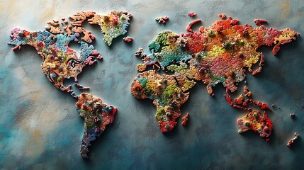 A symbolic world map puzzle with colorful pieces representing different cultures, all interconnected on a glossy surface, soft light enhancing the vibrant details, cinematic and photorealistic.