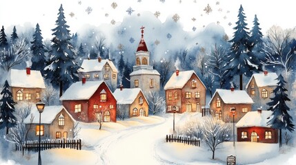 Fototapeta premium In winter, snowflakes dance and the roofs of houses are covered with white snow