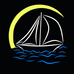 minimalist vector design of a sailboat on blue waves under a yellow crescent moon, set against a black background. Ideal for nautical themes, logos, or graphic art projects.