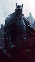 Fototapeta premium dark armored figure with crown stands menacingly