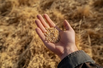 Farmer hand keeps wheat grains. Field of ripe harvest of grain crops in the background. Harvesting. Countryside. Agricultural theme