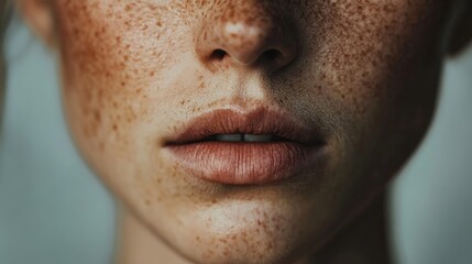 Obraz premium Close up of a womans face showing freckles and lips