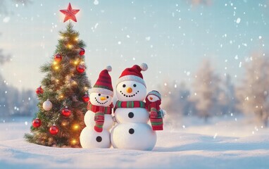 Fototapeta premium Christmas holiday - Snowman family with colorful scarves beside a decorated Christmas tree in snowy landscape
