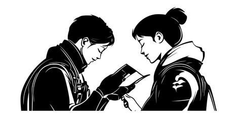 Person reviewing safety procedures with an instructor before starting the skydiving session, Vectorized Art