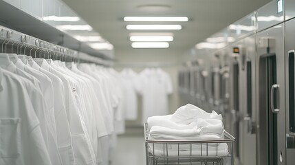 The frames in the laundry room are piled up with white towels waiting to be washed