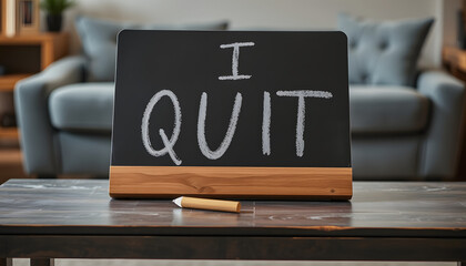 Chalkboard on coffee table with text handwritten I QUIT, concept of decision making to stop (behaviors doing something) or leave (place) permanently, job relationship marriage or bad habits isolated