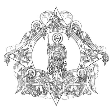 saint holding spear surrounded by angels clip art preview