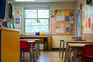 Empty classroom, desks, chairs, colorful wall displays.