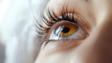 Obraz premium Soft lighting on an eye with professionally applied eyelash extensions, emphasizing a natural and effortless style.