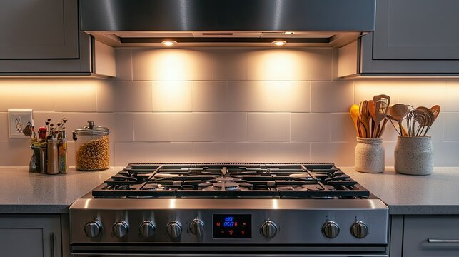 Stainless steel electric hood exhaust illuminated by soft LED lights, set above a classic gas stove in a cozy home kitchen.