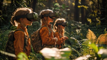 A family on a nature walk, each wearing virtual reality glasses that overlay informational tags on plants and animals, creating a live, interactive educational experience within the forest 