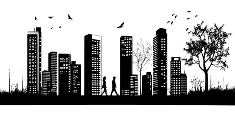 Obraz premium Two people walking along a sidewalk next to tall buildings in a city, Vectorized Art