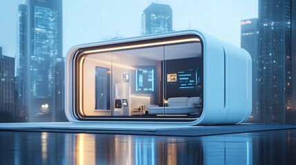 Obraz premium Futuristic Smart Home Pod Cityscape Background