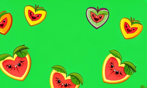 Cartoon tropical fruit pieces forming heart patterns, waving