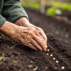 An elderly man's hands plant seeds in the soil. Realistic macro photo in nature