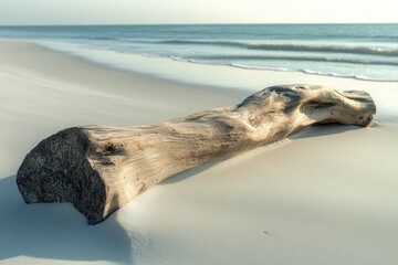 Weathered driftwood rests on a pristine beach, ocean waves gently lapping in the background.