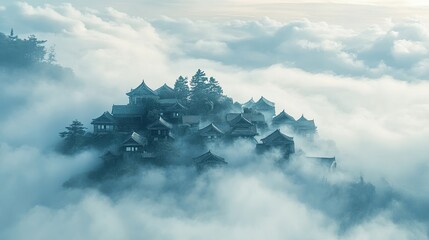 Fototapeta premium Mountaintop Village Hidden In Misty Clouds