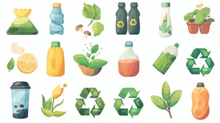 A set of cartoon illustrations of recyclable materials and eco-friendly items on a white background.