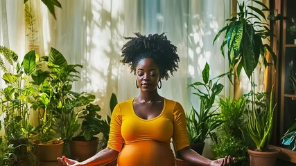 A pregnant Black woman in a yellow dress meditates peacefully surrounded by green houseplants, under sunlit shadows, conveying tranquility and connection to nature.