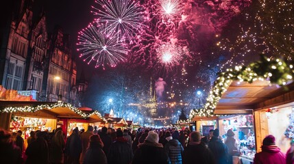 Obraz premium 25. A traditional Christmas market bustling with people, with New Year is fireworks illuminating the night sky