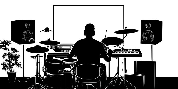 A drummer playing along with backing tracks in a home recording setup, Illustration