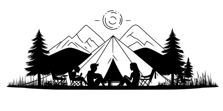 Family relaxing outside a spacious tent in a designated glamping zone, Illustration