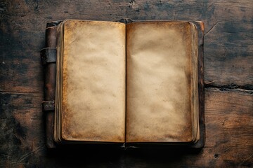 An antique, leather-bound book lies open, revealing aged, yellowed pages on a dark wooden surface. © stockphoto02