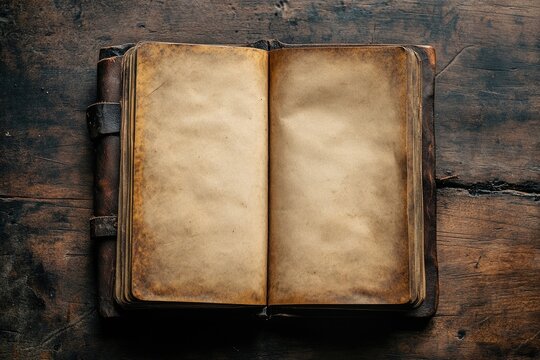 An antique, leather-bound book lies open, revealing aged, yellowed pages on a dark wooden surface.