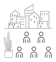Buildings 5 abstract people, and a potted plant. Ideal for community, diversity, urban living, architecture, environment, social interactions, teamwork. Line metaphor