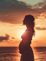 Fototapeta premium Silhouette of a pregnant woman standing by the ocean during a beautiful sunset with colorful clouds in the sky. Generative AI