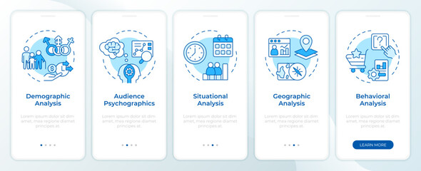 Audience analysis blue onboarding mobile app screen. Business walkthrough 5 steps editable graphic instructions with linear concepts. UI, UX, GUI template. Montserrat SemiBold, Regular fonts used