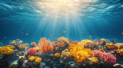 Vibrant coral reef underwater scene with sunlight rays penetrating the water.