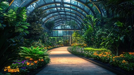 A tech-driven greenhouse in the middle of a city park where visitors can experience indoor gardening, blending urban life with sustainable, digitally enhanced farming 