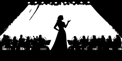 A soprano performing a dramatic aria on stage with orchestral accompaniment, Illustration
