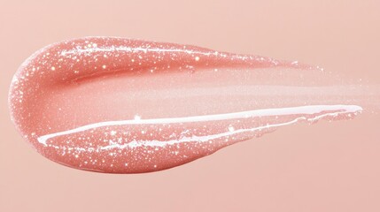 Fototapeta premium Translucent lip gloss swatch in soft pink, highlighted by delicate sparkles on a neutral backdrop.