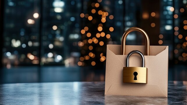 A digital padlock sits on top of envelopes, representing key security measures in a blurred office backdrop that emphasizes data protection