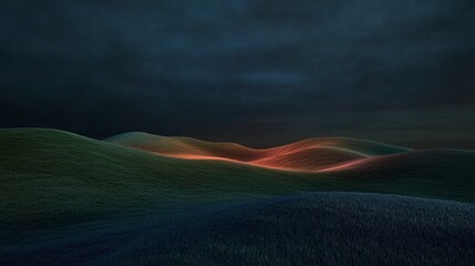 A view of rolling hills at dusk.  The sky is a dark blue with wispy clouds.  The hills are green with a warm glow in the center.