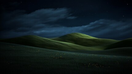 A tranquil landscape under a starry night sky, with rolling green hills and a hint of yellow wildflowers.