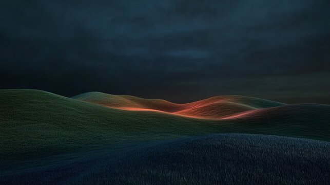 A view of rolling hills at dusk. The sky is a dark blue with wispy clouds. The hills are green with a warm glow in the center.